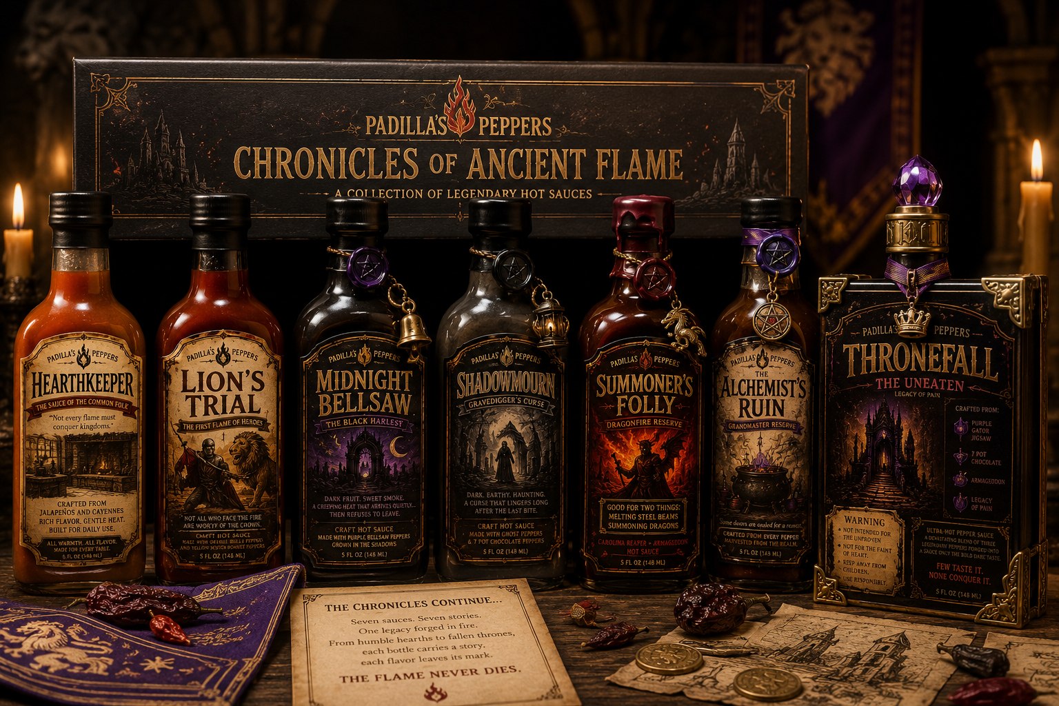 Padilla's Peppers Chronicles of Ancient Flame sauce collection arranged in a candlelit fantasy display.