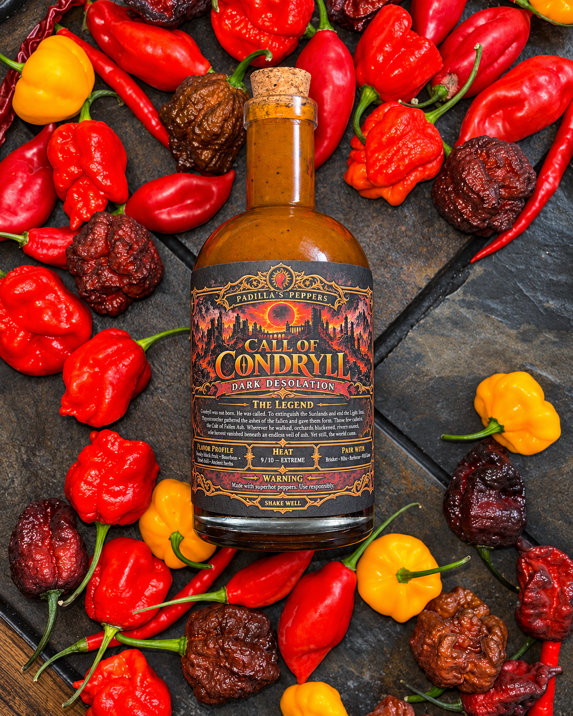 Call of Condryll back label among fresh peppers